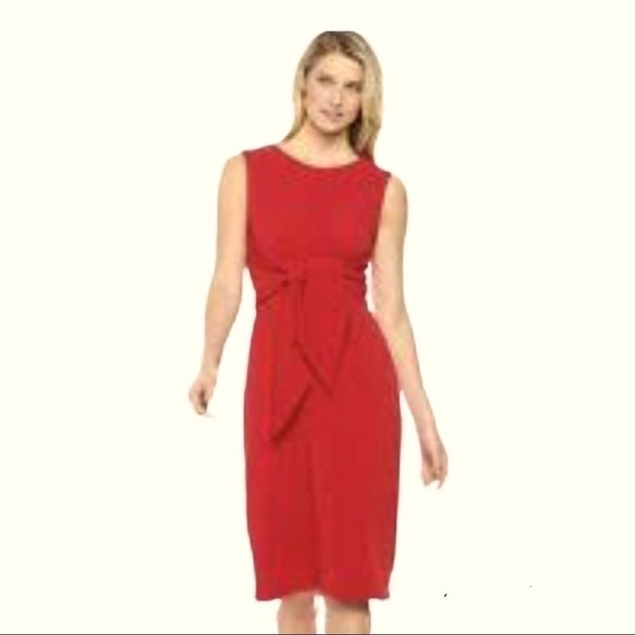 Sharagano Woman’s Red Stretch Crepe Crew Neck Knit Front Tie Sheath Dress Size 4 - Picture 3 of 13